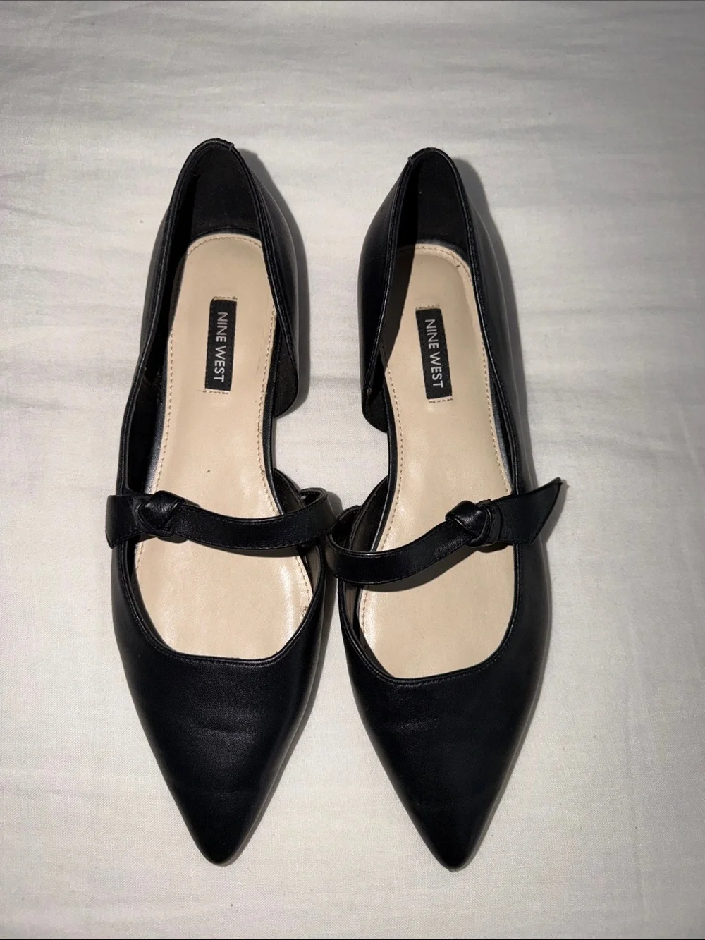Nine West Black Pointed Mary Jane Flats with Knotted Strap